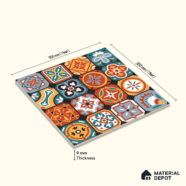 Moroccan Wall & Floor Tile TL 10815 Mosaic Medley 1 ft x 1 ft Matt Luster Finish Ceramic Tile - 10 mm | Suitable For Kitchen, Bathroom, Balcony | Please Expect a Slight Variation of Pattern