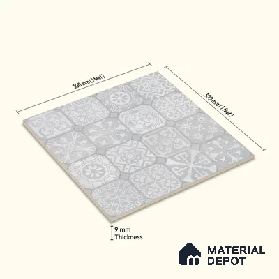 Moroccan Wall & Floor Tile TL 10816 Silver Fresco 1 ft x 1 ft Matt Luster Finish Ceramic Tile - 10 mm | Suitable For Kitchen, Bathroom, Balcony | Please Expect a Slight Variation of Pattern