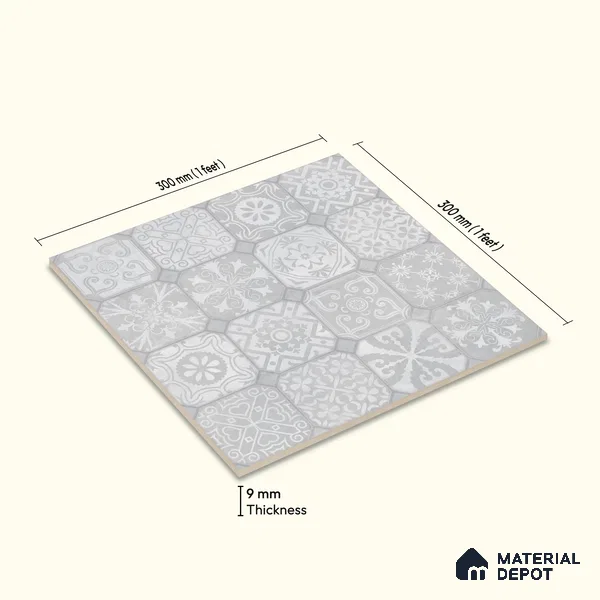 Moroccan Wall & Floor Tile TL 10816 Silver Fresco 1 ft x 1 ft Matt Luster Finish Ceramic Tile - 10 mm | Suitable For Kitchen, Bathroom, Balcony | Please Expect a Slight Variation of Pattern
