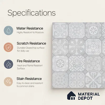 Moroccan Wall & Floor Tile TL 10816 Silver Fresco 1 ft x 1 ft Matt Luster Finish Ceramic Tile - 10 mm | Suitable For Kitchen, Bathroom, Balcony | Please Expect a Slight Variation of Pattern