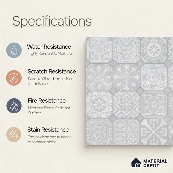 Moroccan Wall & Floor Tile TL 10816 Silver Fresco 1 ft x 1 ft Matt Luster Finish Ceramic Tile - 10 mm | Suitable For Kitchen, Bathroom, Balcony | Please Expect a Slight Variation of Pattern