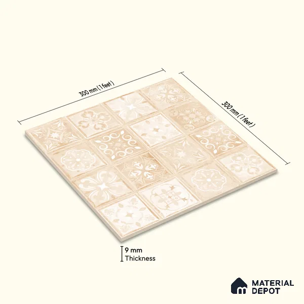 Moroccan Wall & Floor Tile TL 10817 Ivory Sand 1 ft x 1 ft Matt Luster Finish Ceramic Tile - 10 mm | Suitable For Kitchen, Bathroom, Balcony | Please Expect a Slight Variation of Pattern