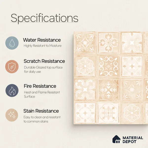 Moroccan Wall & Floor Tile TL 10817 Ivory Sand 1 ft x 1 ft Matt Luster Finish Ceramic Tile - 10 mm | Suitable For Kitchen, Bathroom, Balcony | Please Expect a Slight Variation of Pattern