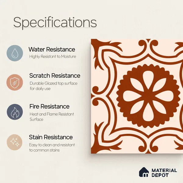 Moroccan Wall & Floor Tile TL 10820 B Rustic Sienna 1 ft x 1 ft Matt Luster Finish Ceramic Tile - 10 mm | Suitable For Kitchen, Bathroom, Balcony | Please Expect a Slight Variation of Pattern