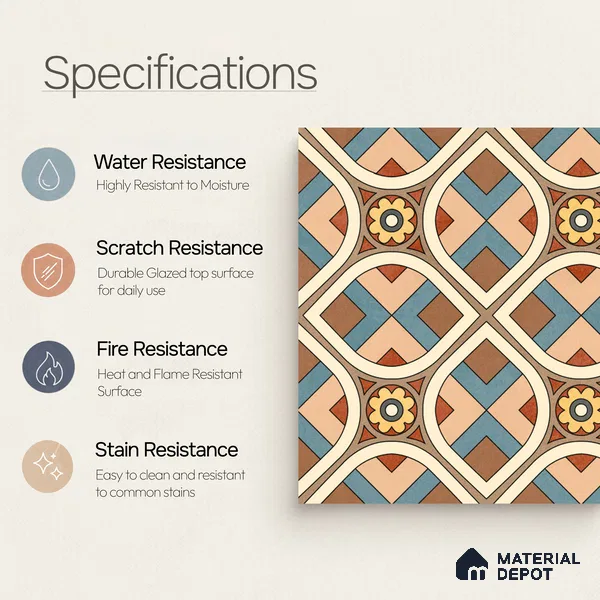 Moroccan Wall & Floor Tile TL 10821 Cedar Soul 1 ft x 1 ft Matt Luster Finish Ceramic Tile - 10 mm | Suitable For Kitchen, Bathroom, Balcony | Please Expect a Slight Variation of Pattern