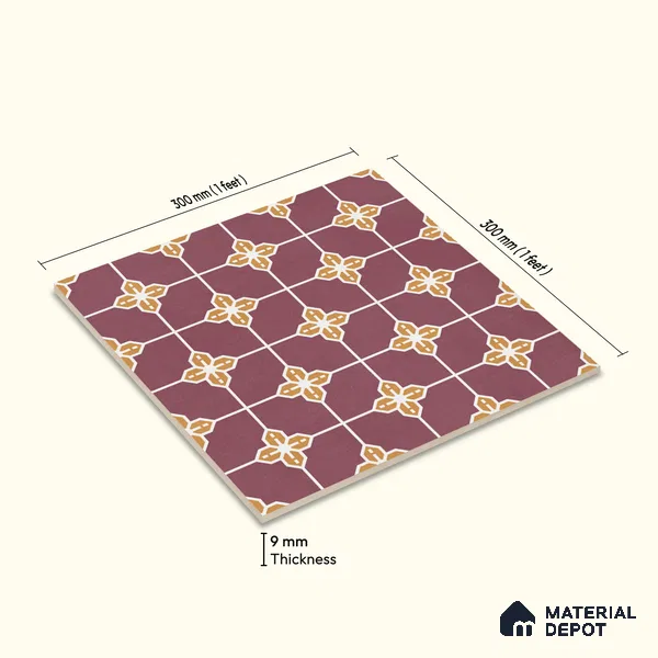 Moroccan Wall & Floor Tile TL 10822 B Lavender Bloom 1 ft x 1 ft Matt Luster Finish Ceramic Tile - 10 mm | Suitable For Kitchen, Bathroom, Balcony | Please Expect a Slight Variation of Pattern