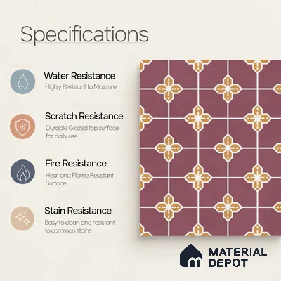 Moroccan Wall & Floor Tile TL 10822 B Lavender Bloom 1 ft x 1 ft Matt Luster Finish Ceramic Tile - 10 mm | Suitable For Kitchen, Bathroom, Balcony | Please Expect a Slight Variation of Pattern