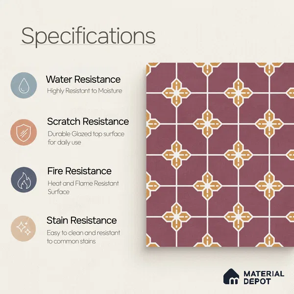 Moroccan Wall & Floor Tile TL 10822 B Lavender Bloom 1 ft x 1 ft Matt Luster Finish Ceramic Tile - 10 mm | Suitable For Kitchen, Bathroom, Balcony | Please Expect a Slight Variation of Pattern