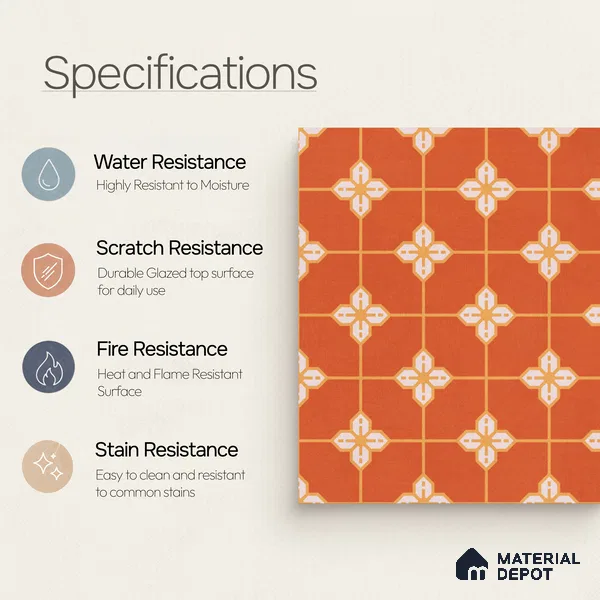 Moroccan Wall & Floor Tile TL 10823 B Ruby Motif 1 ft x 1 ft Matt Luster Finish Ceramic Tile - 10 mm | Suitable For Kitchen, Bathroom, Balcony | Please Expect a Slight Variation of Pattern