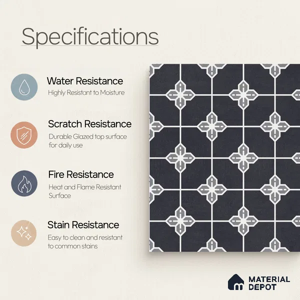 Moroccan Wall & Floor Tile TL 10825 B Midnight Star 1 ft x 1 ft Matt Luster Finish Ceramic Tile - 10 mm | Suitable For Kitchen, Bathroom, Balcony | Please Expect a Slight Variation of Pattern