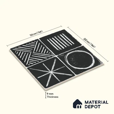 Moroccan Wall & Floor Tile TL 10826 B Ebony Geometric 1 ft x 1 ft Matt Luster Finish Ceramic Tile - 10 mm | Random Design | Suitable For Kitchen, Bathroom, Balcony | Please Expect a Slight Variation of Pattern