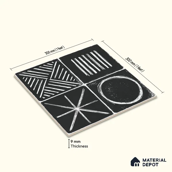 Moroccan Wall & Floor Tile TL 10826 B Ebony Geometric 1 ft x 1 ft Matt Luster Finish Ceramic Tile - 10 mm | Random Design | Suitable For Kitchen, Bathroom, Balcony | Please Expect a Slight Variation of Pattern