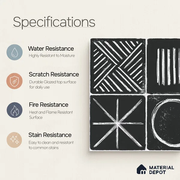 Moroccan Wall & Floor Tile TL 10826 B Ebony Geometric 1 ft x 1 ft Matt Luster Finish Ceramic Tile - 10 mm | Random Design | Suitable For Kitchen, Bathroom, Balcony | Please Expect a Slight Variation of Pattern