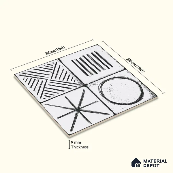 Moroccan Wall & Floor Tile TL 10826 Cloud White 1 ft x 1 ft Matt Luster Finish Ceramic Tile - 10 mm | Random Design | Suitable For Kitchen, Bathroom, Balcony | Please Expect a Slight Variation of Pattern