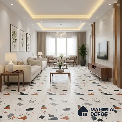 Terrazzo Floor & Wall Tile TL 10852 Luciana White 4 ft x 2 ft Carving Matte Finish Vitrified Tile - 9 mm | 5 Random Designs | Suitable for Living Room, Bedroom & Kitchen