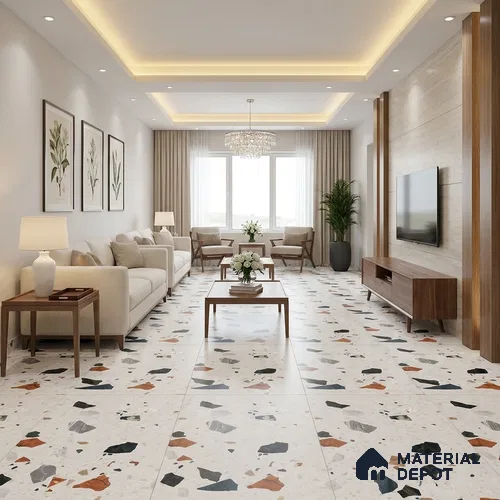 Terrazzo Floor & Wall Tile TL 10852 Luciana White 4 ft x 2 ft Carving Matte Finish Vitrified Tile - 9 mm | 5 Random Designs | Suitable for Living Room, Bedroom & Kitchen
