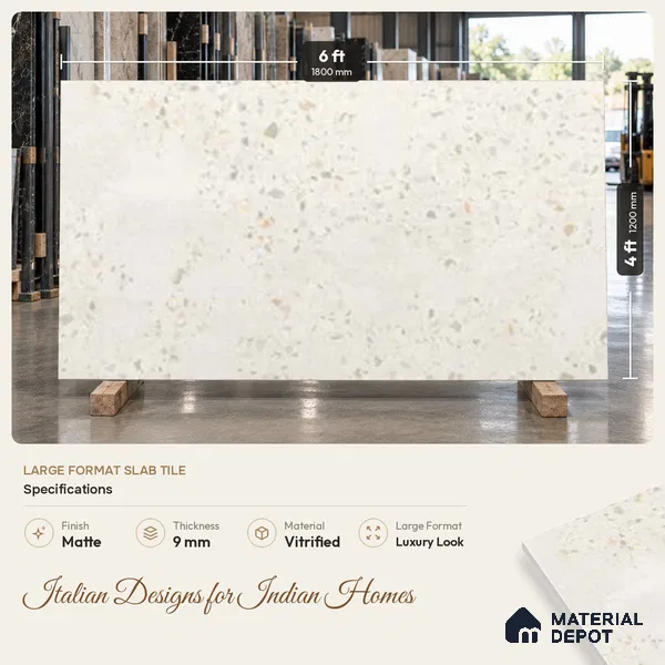 Large Format Terrazzo Wall & Floor TL 10949 Trieste Beige 6 ft x 4 ft Matte Finish Vitrified Tile - 9 mm | 2 Random Design | Suitable For Living Room, Bedroom, Office & Dining | Adhesive and Spacers Must be Used During Installation