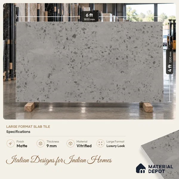 Large Format Terrazzo Wall & Floor TL 10949 B Trieste Grey 6 ft x 4 ft Matte Finish Vitrified Tile - 9 mm | 2 Random Design | Suitable For Living Room, Bedroom, Office & Dining | Adhesive and Spacers Must be Used During Installation