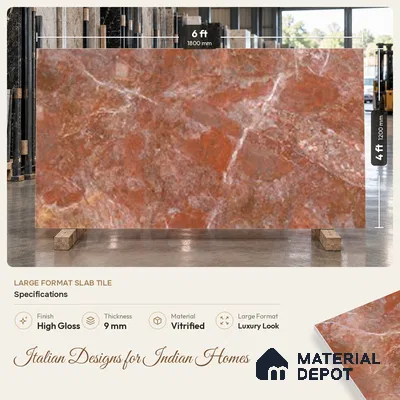 Marble Look Wall & Floor TL 10952 Rosso Levanto 6 ft x 4 ft Glamour Finish Large Formate Vitrified Tile - 9 mm | 3 Random Design | Suitable For Living Room, Bedroom, Kitchen, Office & Dining | Adhesive and Spacers Must be Used During Installation