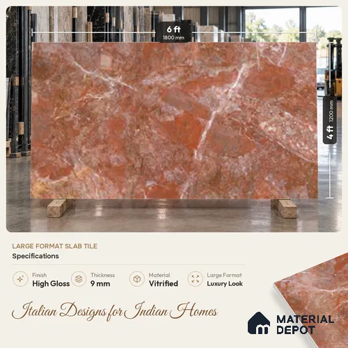 Marble Look Wall & Floor TL 10952 Rosso Levanto 6 ft x 4 ft Glamour Finish Large Formate Vitrified Tile - 9 mm | 3 Random Design | Suitable For Living Room, Bedroom, Kitchen, Office & Dining | Adhesive and Spacers Must be Used During Installation