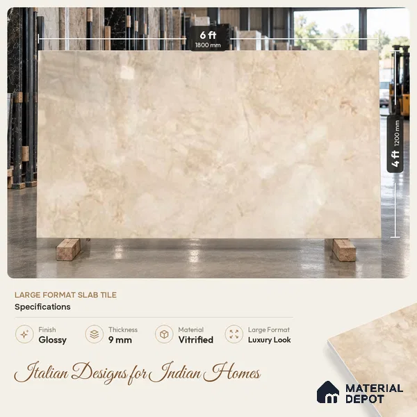 Marble Look Wall & Floor TL 10954 Fossil Caramel 6 ft x 4 ft Infinia Finish Large Formate Vitrified Tile - 9 mm | 3 Random Design | Suitable For Living Room, Bedroom, Kitchen, Office & Dining | Adhesive and Spacers Must be Used During Installation