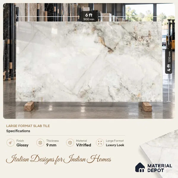 Marble Look Wall & Floor TL 10965 Intra White 6 ft x 4 ft Polished Finish Large Formate Vitrified Tile - 9 mm | 2 Random Design | Suitable For Living Room, Bedroom, Kitchen, Office & Dining | Adhesive and Spacers Must be Used During Installation