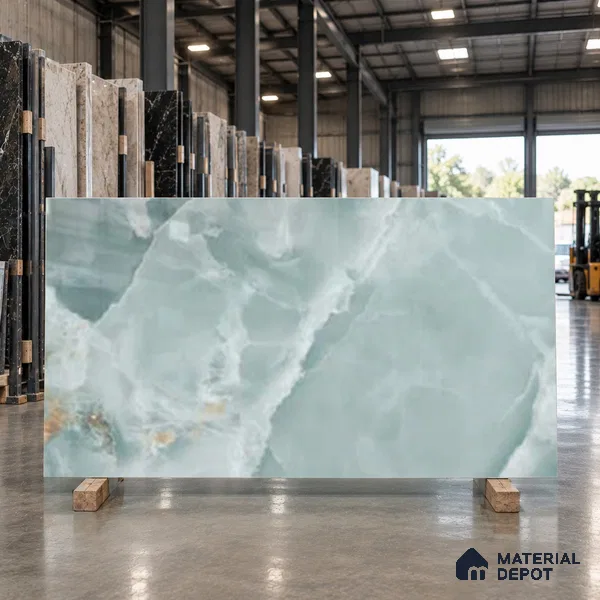 Marble Look Wall & Floor TL 10966 Marmo Onice Aqua 6 ft x 4 ft Polished Finish Large Formate Vitrified Tile - 9 mm | 4 Random Design | Suitable For Living Room, Bedroom, Kitchen, Office & Dining | Adhesive and Spacers Must be Used During Installation