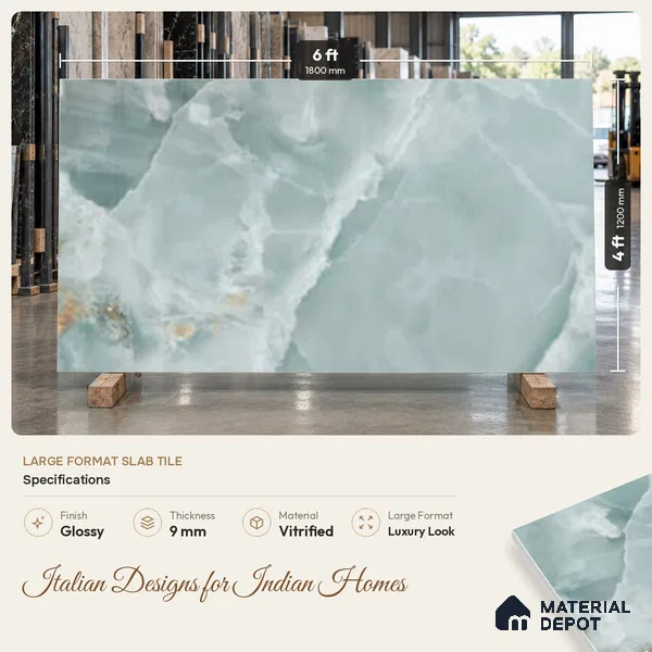 Marble Look Wall & Floor TL 10966 Marmo Onice Aqua 6 ft x 4 ft Polished Finish Large Formate Vitrified Tile - 9 mm | 4 Random Design | Suitable For Living Room, Bedroom, Kitchen, Office & Dining | Adhesive and Spacers Must be Used During Installation