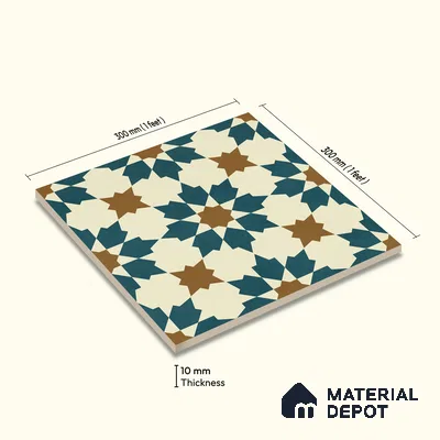 Moroccan Wall & Floor Tile TL 11102 Sahara Star 1 ft x 1 ft Ceramic Matte Finish Tile - 10 mm | Suitable For Kitchen, Bathroom, Balcony