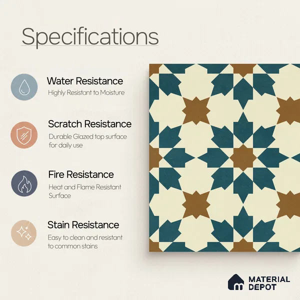 Moroccan Wall & Floor Tile TL 11102 Sahara Star 1 ft x 1 ft Ceramic Matte Finish Tile - 10 mm | Suitable For Kitchen, Bathroom, Balcony