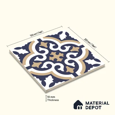 Moroccan Wall & Floor Tile TL 11104 Navy Baroque 1 ft x 1 ft Ceramic Matte Finish Tile - 10 mm | Suitable For Kitchen, Bathroom, Balcony