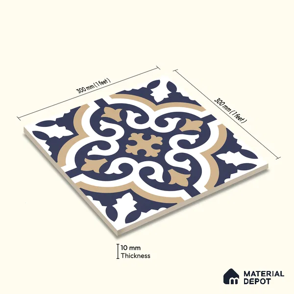 Moroccan Wall & Floor Tile TL 11104 Navy Baroque 1 ft x 1 ft Ceramic Matte Finish Tile - 10 mm | Suitable For Kitchen, Bathroom, Balcony