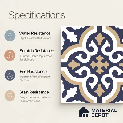 Moroccan Wall & Floor Tile TL 11104 Navy Baroque 1 ft x 1 ft Ceramic Matte Finish Tile - 10 mm | Suitable For Kitchen, Bathroom, Balcony