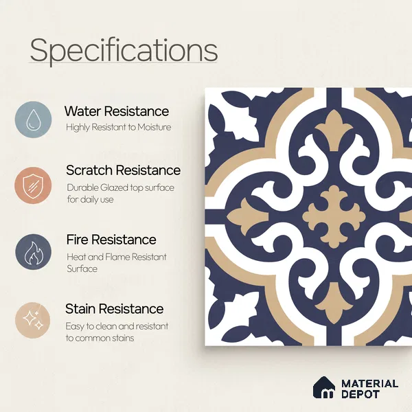 Moroccan Wall & Floor Tile TL 11104 Navy Baroque 1 ft x 1 ft Ceramic Matte Finish Tile - 10 mm | Suitable For Kitchen, Bathroom, Balcony