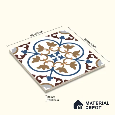 Moroccan Wall & Floor Tile TL 11105 Cordoba Fleur 1 ft x 1 ft Ceramic Matte Finish Tile - 10 mm | Suitable For Kitchen, Bathroom, Balcony