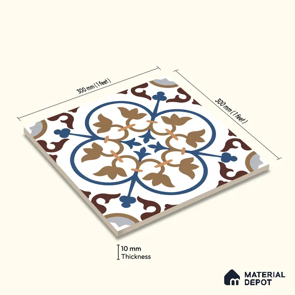 Moroccan Wall & Floor Tile TL 11105 Cordoba Fleur 1 ft x 1 ft Ceramic Matte Finish Tile - 10 mm | Suitable For Kitchen, Bathroom, Balcony