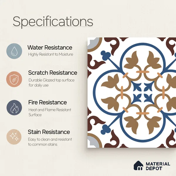 Moroccan Wall & Floor Tile TL 11105 Cordoba Fleur 1 ft x 1 ft Ceramic Matte Finish Tile - 10 mm | Suitable For Kitchen, Bathroom, Balcony
