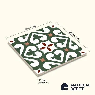 Moroccan Wall & Floor Tile TL 11111 Verdant Fleur 1 ft x 1 ft Ceramic Matte Finish Tile - 10 mm | Suitable For Kitchen, Bathroom, Balcony