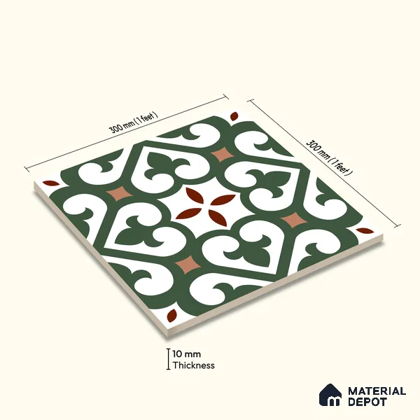 Moroccan Wall & Floor Tile TL 11111 Verdant Fleur 1 ft x 1 ft Ceramic Matte Finish Tile - 10 mm | Suitable For Kitchen, Bathroom, Balcony