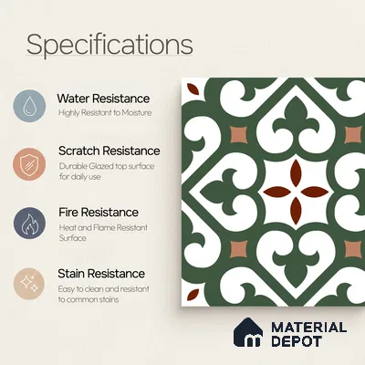 Moroccan Wall & Floor Tile TL 11111 Verdant Fleur 1 ft x 1 ft Ceramic Matte Finish Tile - 10 mm | Suitable For Kitchen, Bathroom, Balcony