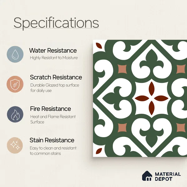 Moroccan Wall & Floor Tile TL 11111 Verdant Fleur 1 ft x 1 ft Ceramic Matte Finish Tile - 10 mm | Suitable For Kitchen, Bathroom, Balcony