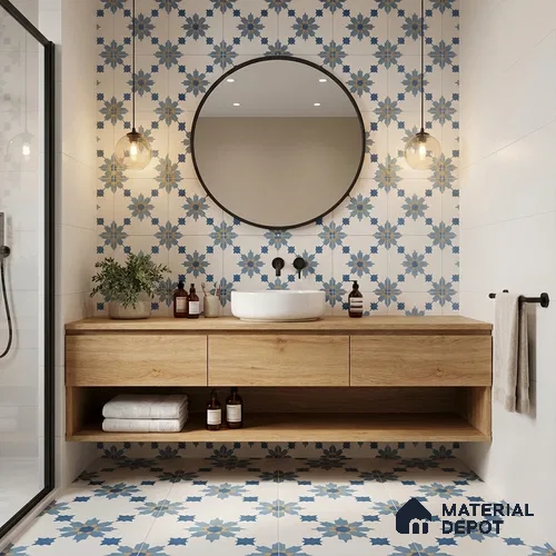 Moroccan Wall & Floor Tile TL 11122 Azure Star 1 ft x 1 ft Ceramic Matte Finish Tile - 10 mm | Suitable For Bathroom, Balcony & Kitchen Backsplash