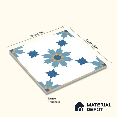 Moroccan Wall & Floor Tile TL 11122 Azure Star 1 ft x 1 ft Ceramic Matte Finish Tile - 10 mm | Suitable For Kitchen, Bathroom, Balcony