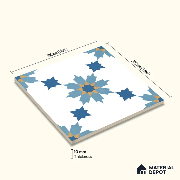 Moroccan Wall & Floor Tile TL 11122 Azure Star 1 ft x 1 ft Ceramic Matte Finish Tile - 10 mm | Suitable For Kitchen, Bathroom, Balcony