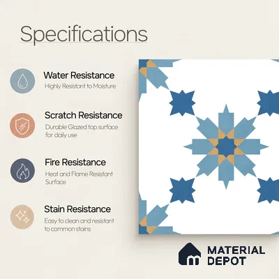 Moroccan Wall & Floor Tile TL 11122 Azure Star 1 ft x 1 ft Ceramic Matte Finish Tile - 10 mm | Suitable For Kitchen, Bathroom, Balcony