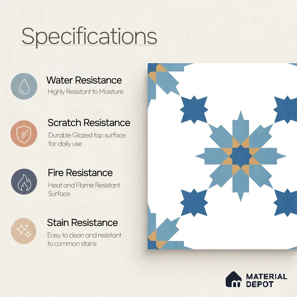 Moroccan Wall & Floor Tile TL 11122 Azure Star 1 ft x 1 ft Ceramic Matte Finish Tile - 10 mm | Suitable For Kitchen, Bathroom, Balcony