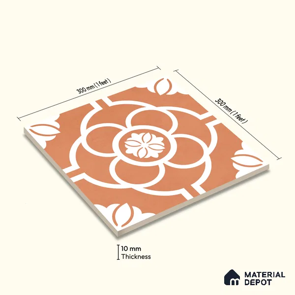 Moroccan Wall & Floor Tile TL 11123 Terracotta Bloom 1 ft x 1 ft Ceramic Matte Finish Tile - 10 mm | Suitable For Kitchen, Bathroom, Balcony