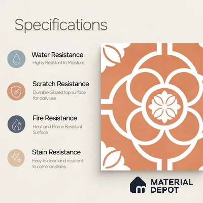 Moroccan Wall & Floor Tile TL 11123 Terracotta Bloom 1 ft x 1 ft Ceramic Matte Finish Tile - 10 mm | Suitable For Kitchen, Bathroom, Balcony