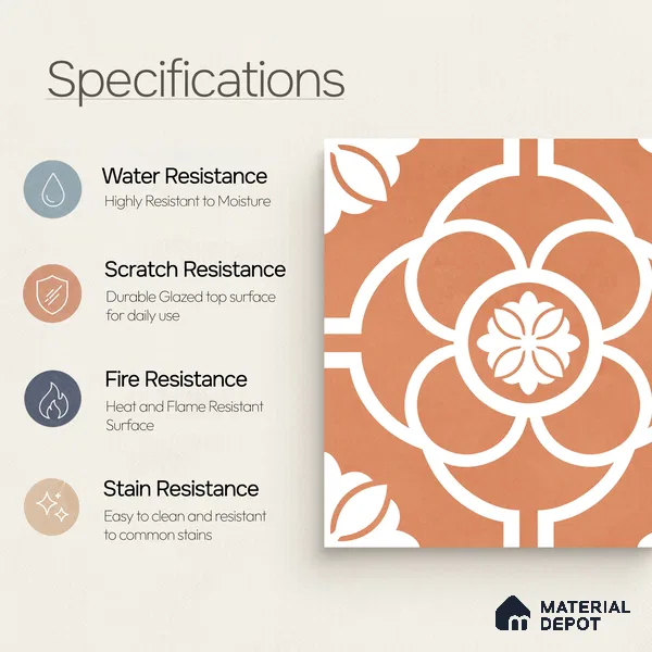 Moroccan Wall & Floor Tile TL 11123 Terracotta Bloom 1 ft x 1 ft Ceramic Matte Finish Tile - 10 mm | Suitable For Kitchen, Bathroom, Balcony