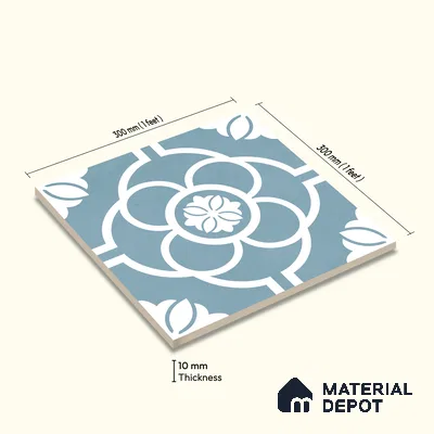 Moroccan Wall & Floor Tile TL 11124 Azure Petal 1 ft x 1 ft Ceramic Matte Finish Tile - 10 mm | Suitable For Kitchen, Bathroom, Balcony